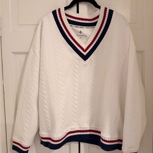 Tuckernuck White V-Neck Sweater with Red and Blue Accents